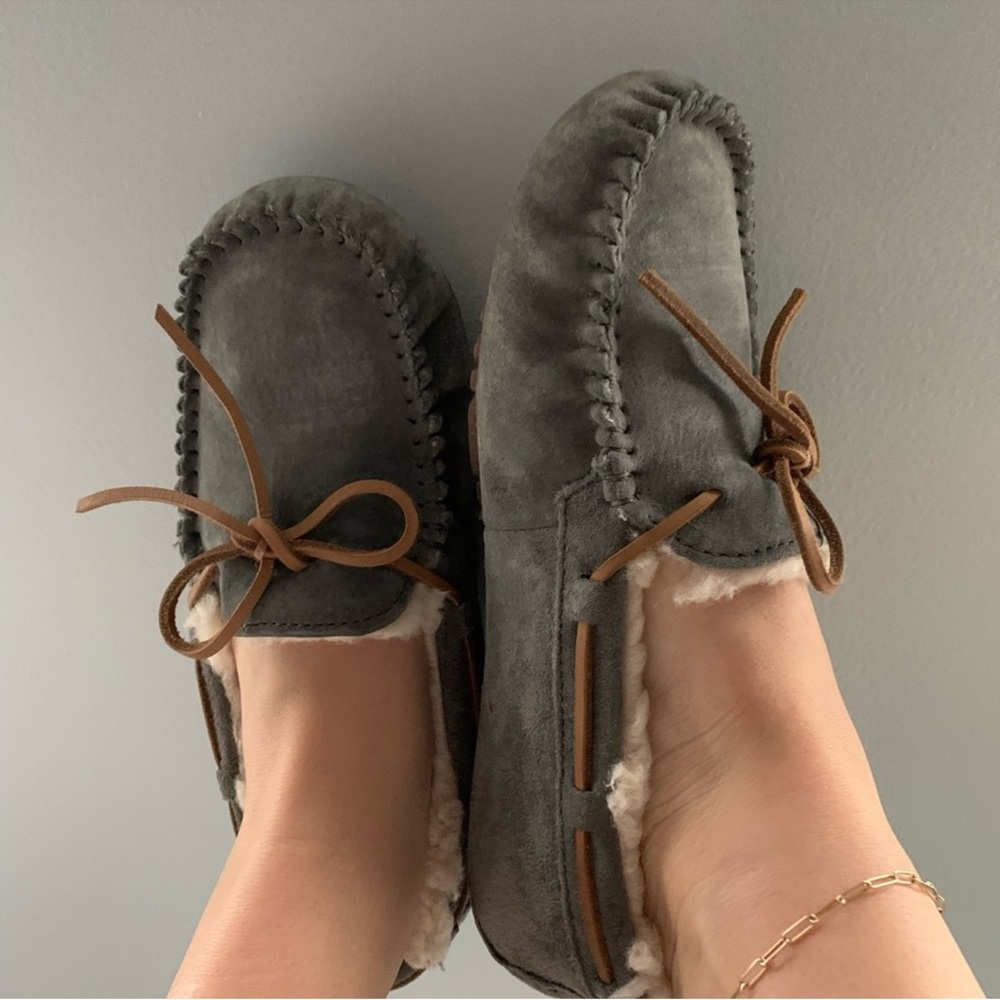 UGG Gray Moccasin Slippers with Brown Laces